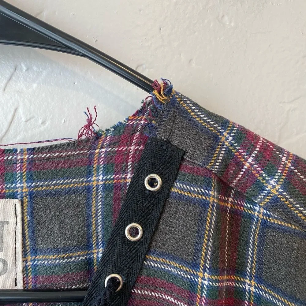 Furst of A Kind Upcycled Oversized Plaid Lace Up Button Front Flannel Shirt